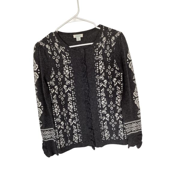 Sundance Anya Nordic Fair Isle Ruffled Wool Cardigan Sweater Black White Small - Picture 2 of 10